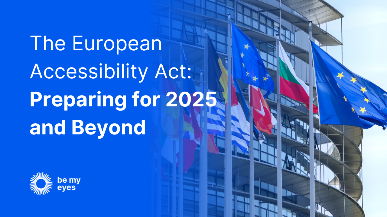 European flags in the background - text in the foreground reads: the european accessibility act: preparing for 2025 and beyond